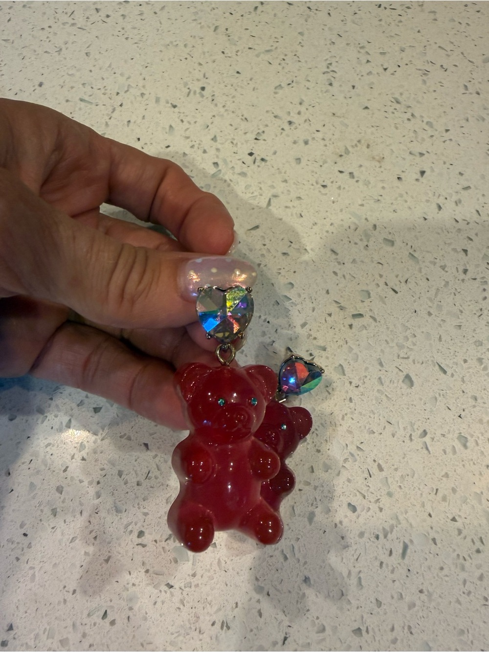 NEVER WORN. Betsey Johnson Red Gummy Bear Drop Earrings w/Iridescent Heart post
